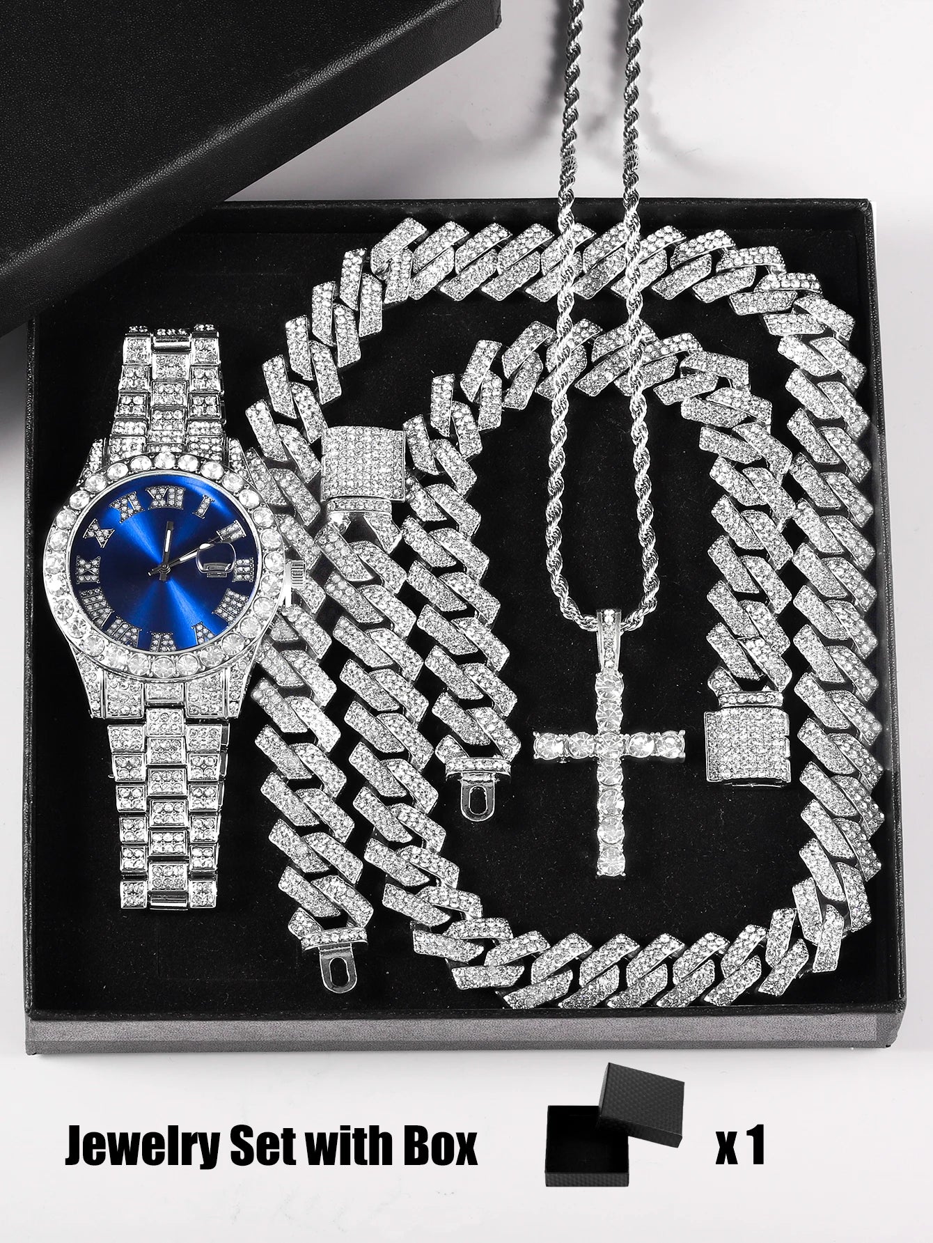 Iced Out Luxury Popular set Watch+Bracelet+Necklace With Gift Box Cuban Chain Cross Pendent Jewelry HipHop Style For Men Women