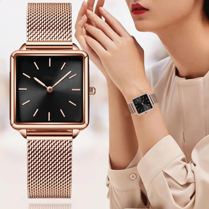 Fashion Luxury Women Watches Simple Square Ladies Quartz Wristwatch Metal Mesh Strap Elegant Lady Women's Watch Gifts for Woman