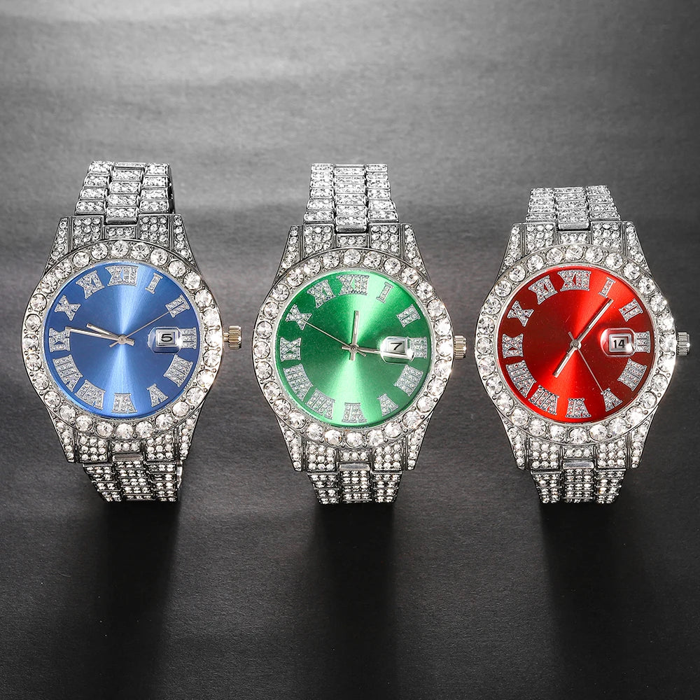 Iced Out Luxury Popular set Watch+Bracelet+Necklace With Gift Box Cuban Chain Cross Pendent Jewelry HipHop Style For Men Women