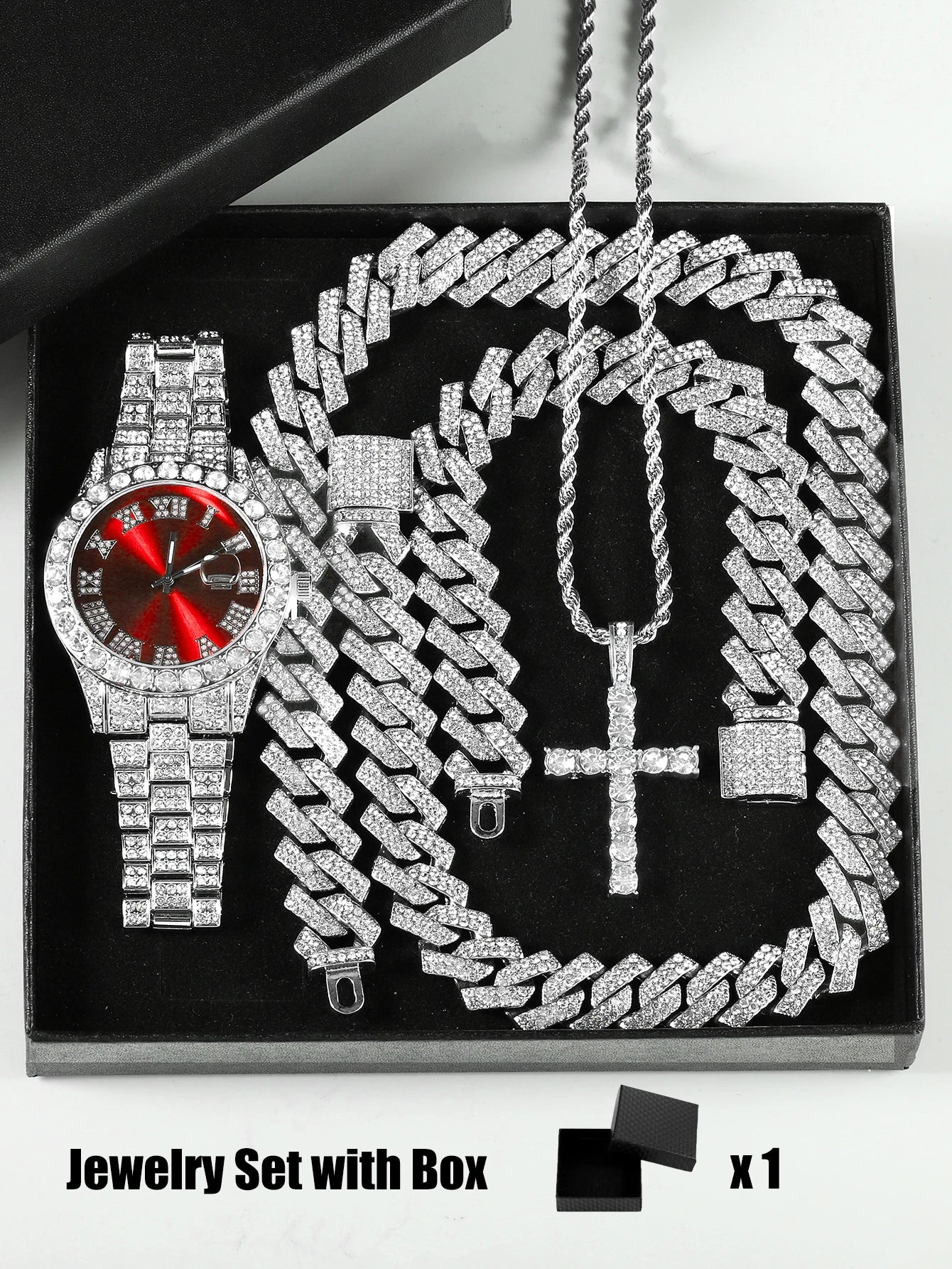 Iced Out Luxury Popular set Watch+Bracelet+Necklace With Gift Box Cuban Chain Cross Pendent Jewelry HipHop Style For Men Women