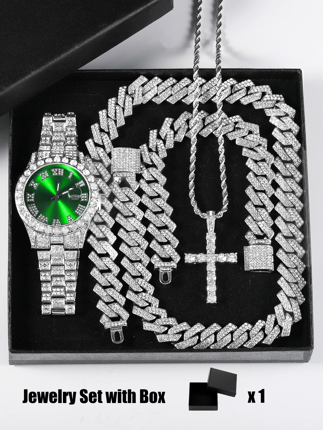 Iced Out Luxury Popular set Watch+Bracelet+Necklace With Gift Box Cuban Chain Cross Pendent Jewelry HipHop Style For Men Women